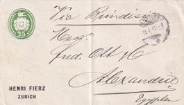 Tüblibrief 25 Rp. Fluntern (Zürich) nach Alexandria 1892