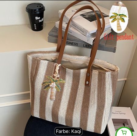 NEU Beach Bag, Strandtasche mit Palmenanhänger, beige weiss