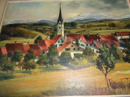 OELGEMÄLDE DORFANSICHT DORF MIT KIRCHE SIGNIERT UNLESERLICH