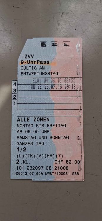 ZVV 9-Uhr-Pass alle Zonen Mehrfahrtkarte (Neu (gemäss Beschreibung)) in ...
