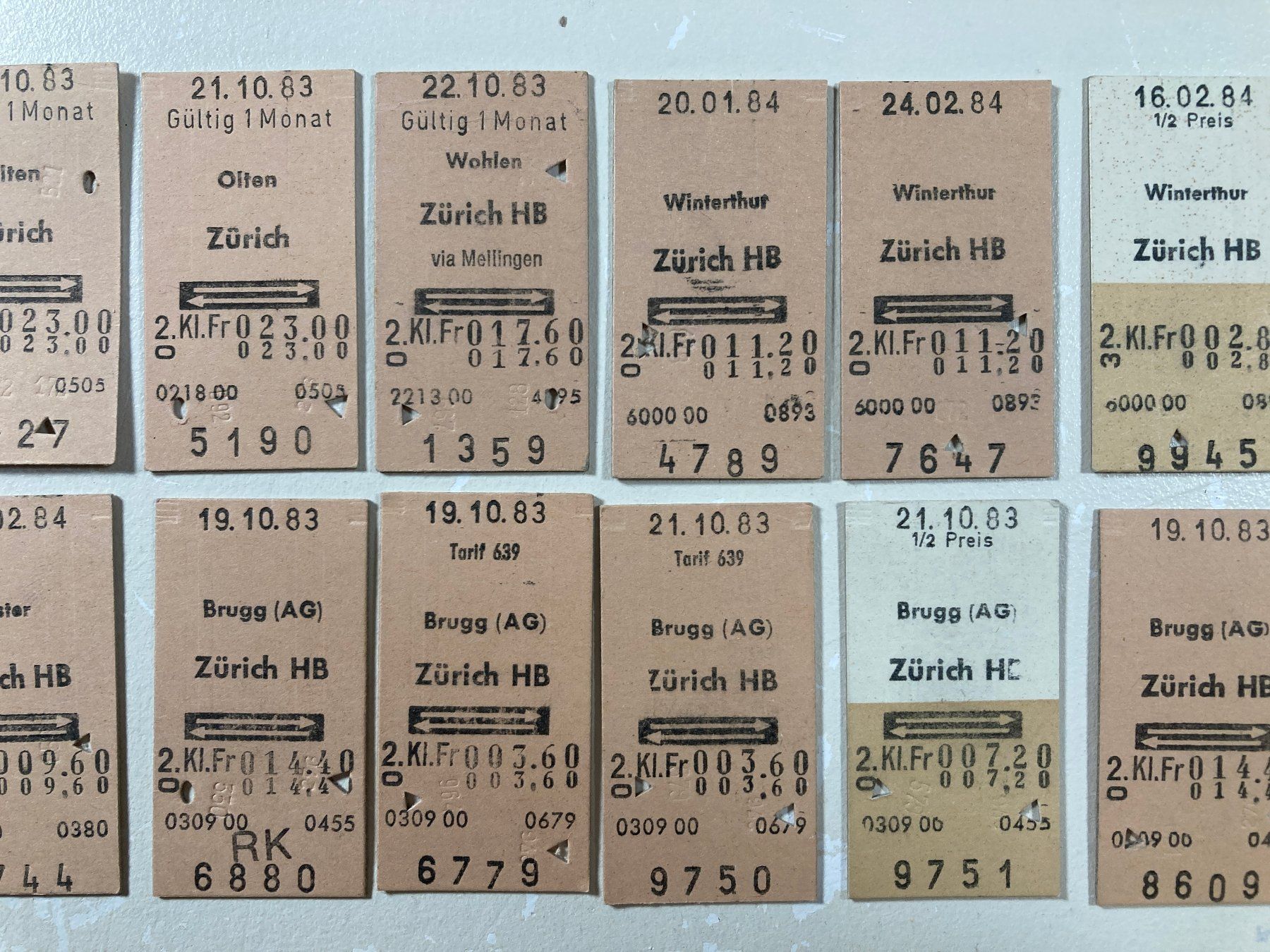 Biglietti: Ab oder nach Zürich, 64 alte Bahn Billette SBB, 1983, 1984 – Usato da Lenzburg venduto da fh1 2