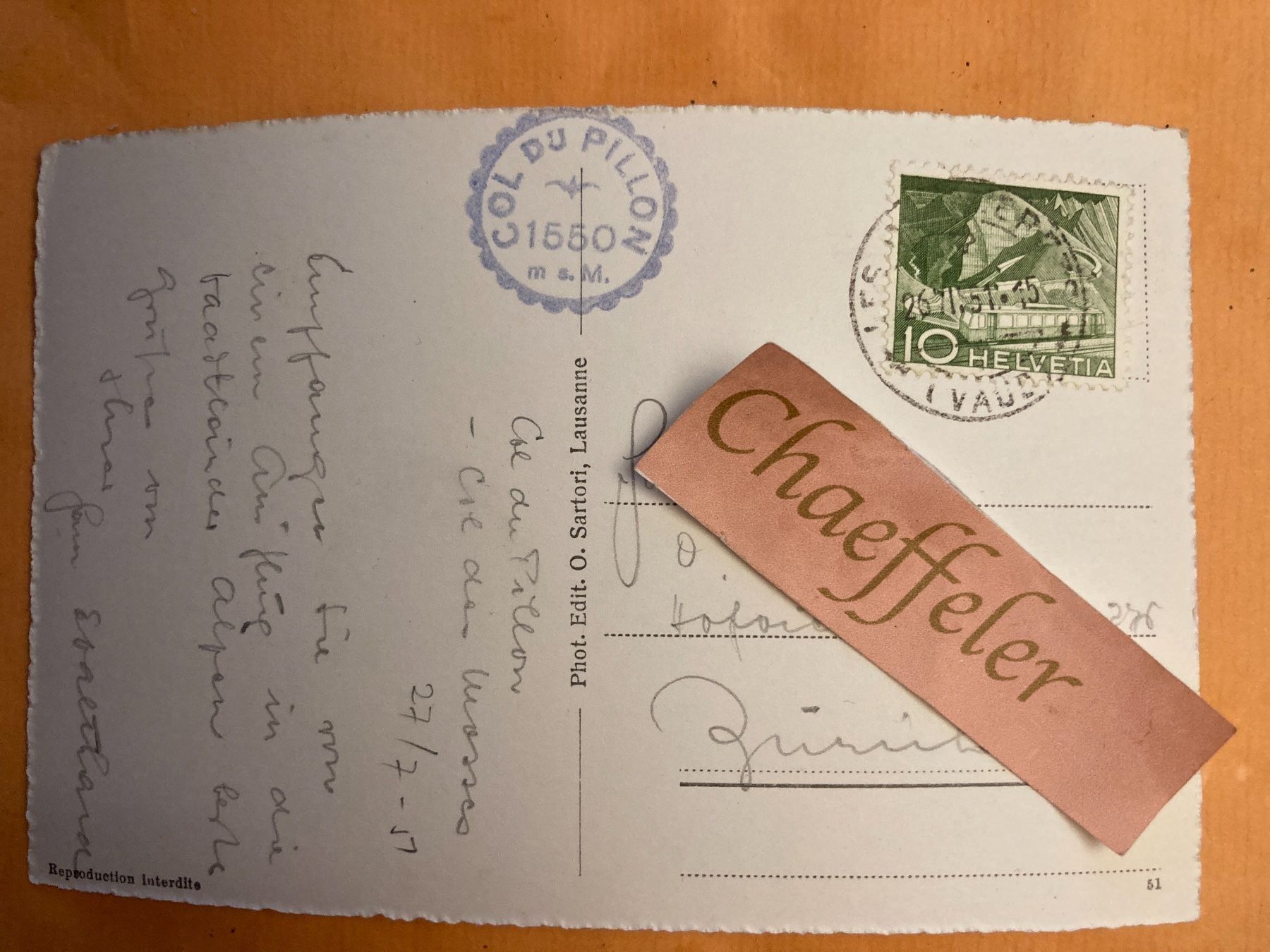 Cartoline postali: 4801 Col du Pillon.    1951 – Usato da Zürich venduto da Chaeffeler 1