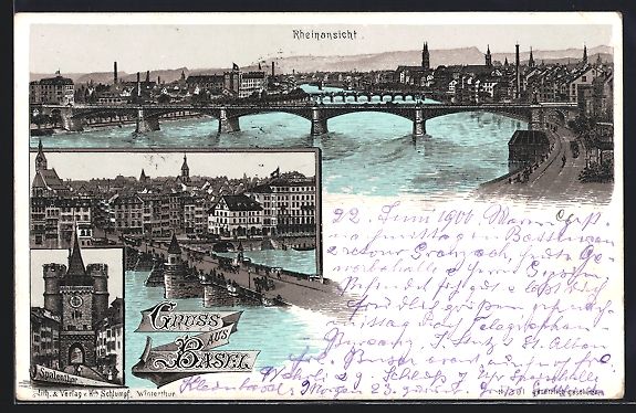 Ansichtskarten: Litho Basel, Rheinansicht, Spalenthor, O – Gebraucht aus Berlin von bartko-reher