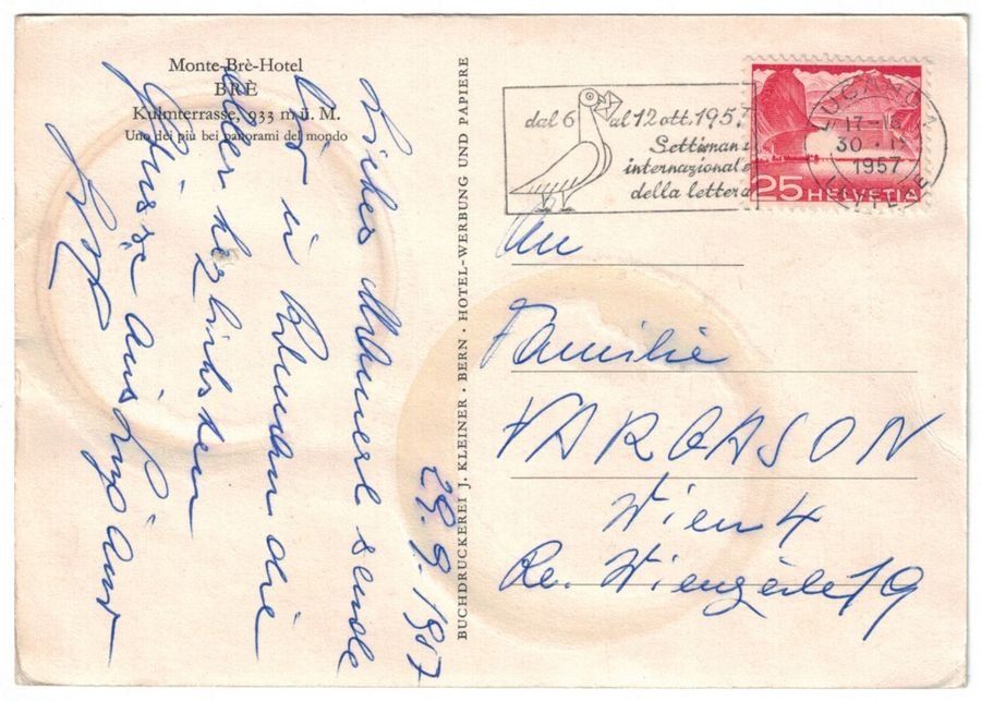 Cartoline postali: Monte Brè Hotel, Kulmterrasse, gelaufen 1957 – Usato da Frauenfeld venduto da POML 1