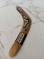 Boomerang retour, bois, artisanal, décoré, Australie, 16 cm