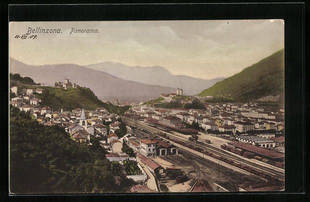 Cartoline postali: AK Bellinzona, Panorama mit Bahnhof – Usato da Berlin venduto da bartko-reher