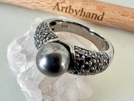 925 Silberring geschwärzt - dunkle Zucht-Perle & Pavé Besatz