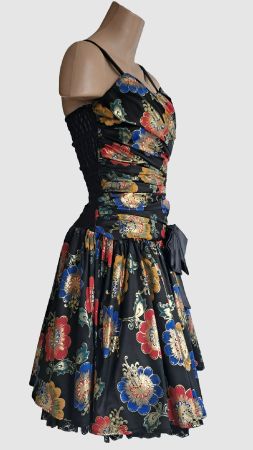 schwarz bunt gold Partykleid Vintage Abendkleid Gr 38