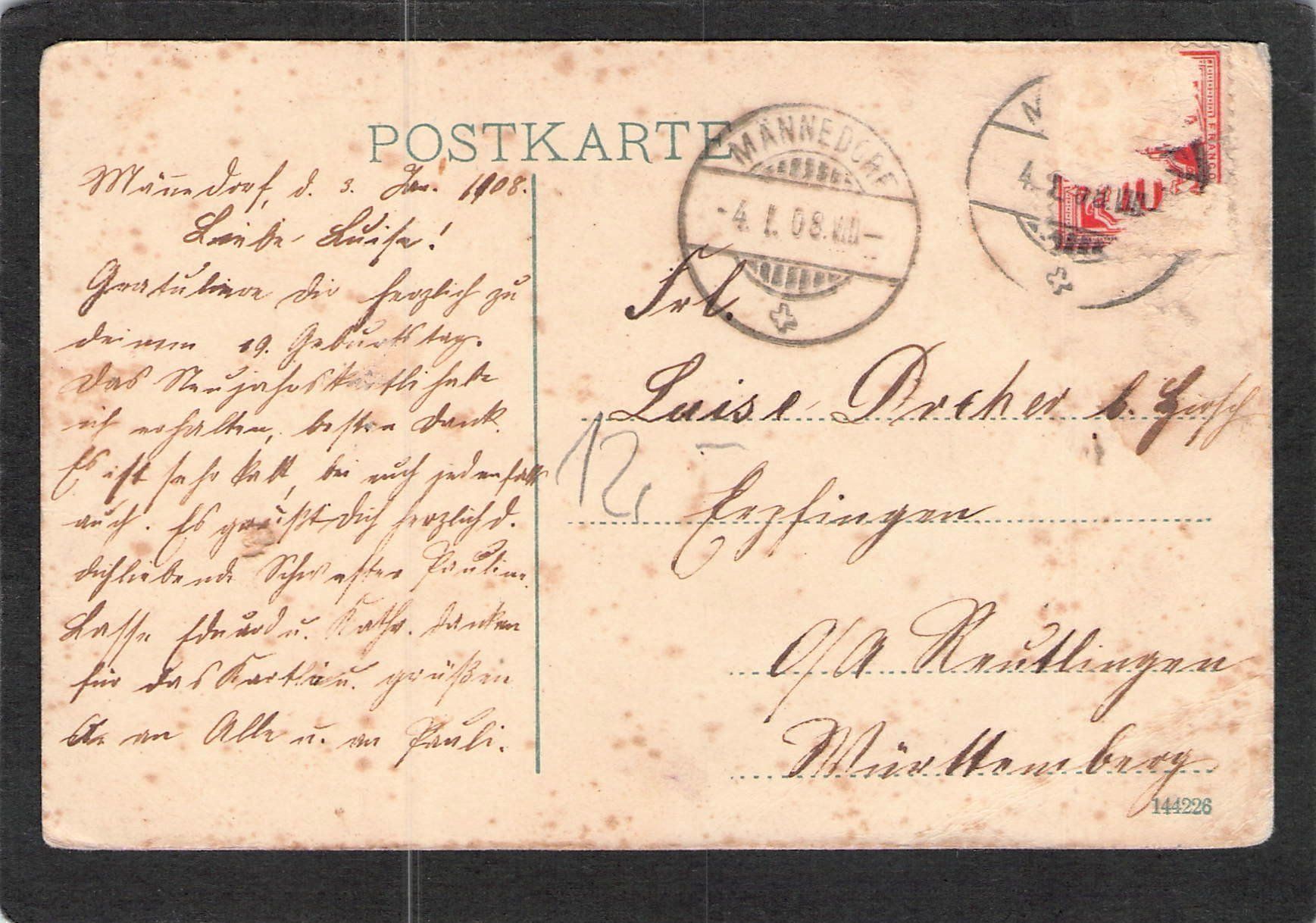 Ansichtskarten: -Männedorf ZH , 1908 – Gebraucht aus Reichenburg von Pipo-67 1