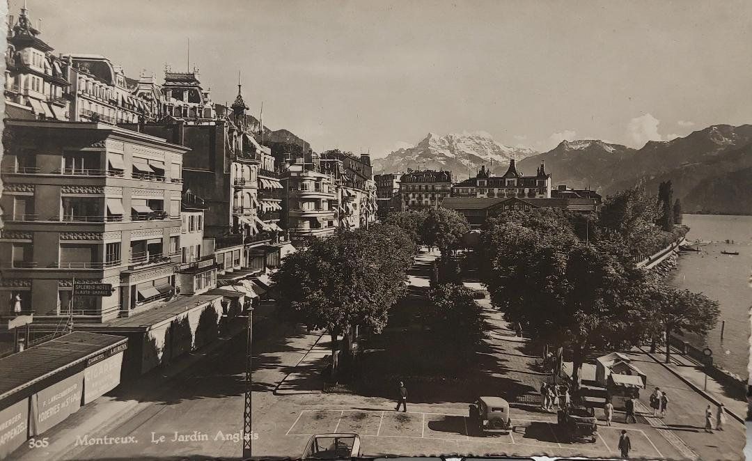 Ansichtskarten: MONTREUX - Le Jardin Anglais - Oldtimer – Gebraucht aus Delémont von Domdom1