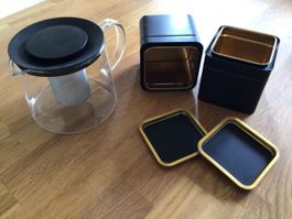 Teekanne Glas mit Sieb und zwei Dosen, Sieb für Tasse