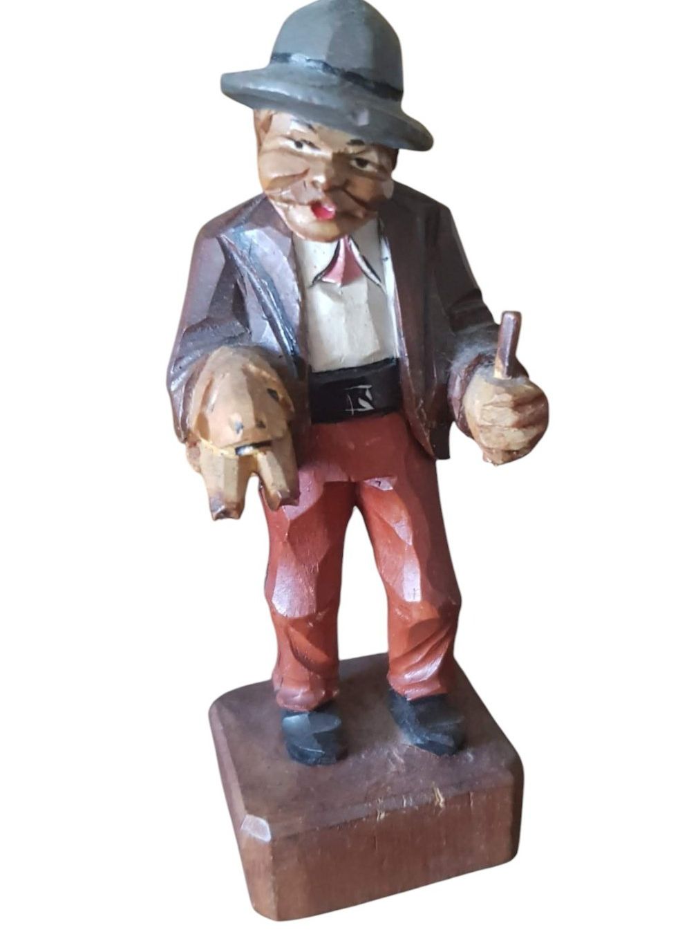 Statuette: Holzfigur antik - Mann mit Glücksschwein – Usato da Mörschwil venduto da antiksalon 9