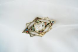 Vintage Brosche Art Deco Raute gold Kristall bunt Strass