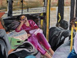Gemälde Frau schläft im Bus Kunst Öl auf Leinwand 30x30cm