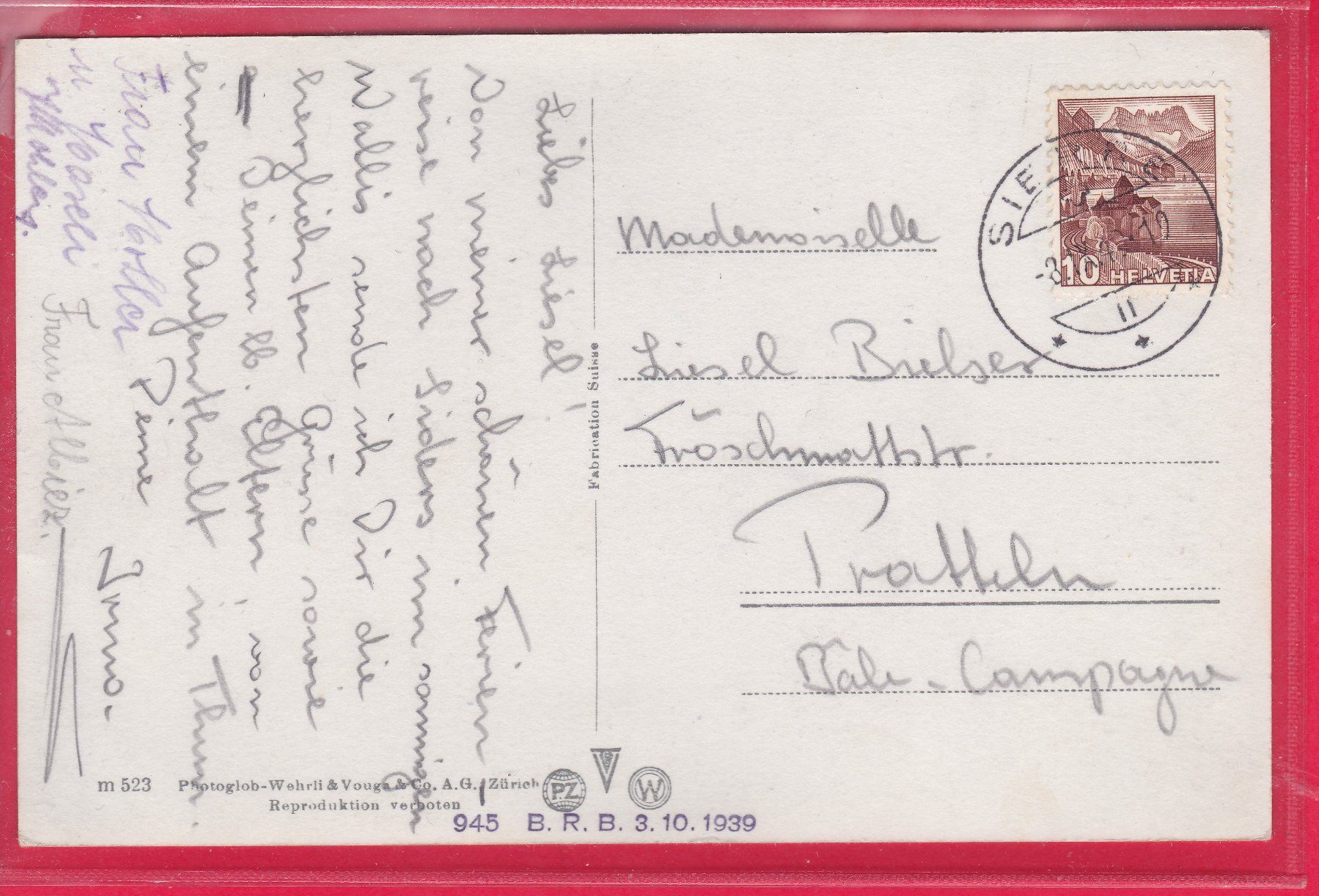 Cartoline postali: BEATENBUCHT MIT EIGER MÖNCH UND JUNGFRAU, 3.9.1940 – Usato da Oberrieden venduto da Gebirgsstelze 1