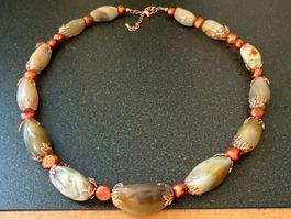 Neue Unikat 💎 Halskette Antiker Botswana-Achat Bronzeperlen
