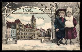 AK Basel, Rathaus, Kinderpaar im Schnee
