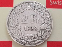 2 Franken 1922 ss+, selten nur 0,4 Mio!