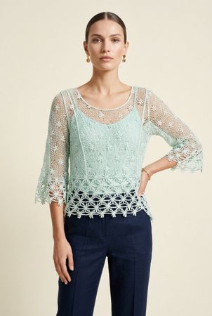 Haut Crochet Vert d'Eau Coton Manches 3/4 T. M