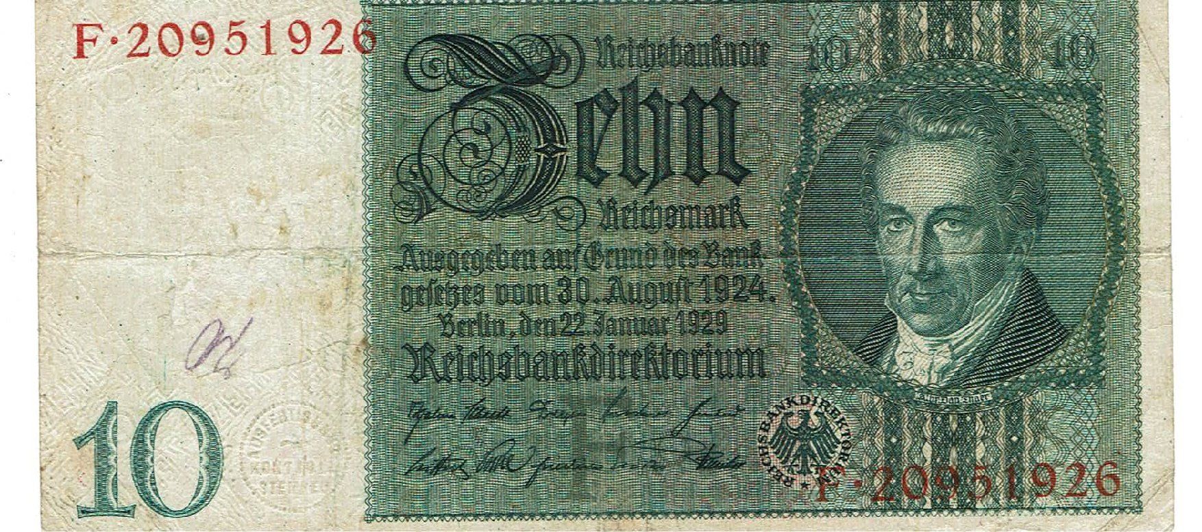 Banconote: Berlin 10 Mark 22.01.1929 SS Serie F – Usato da Steffisburg venduto da ber_8htf