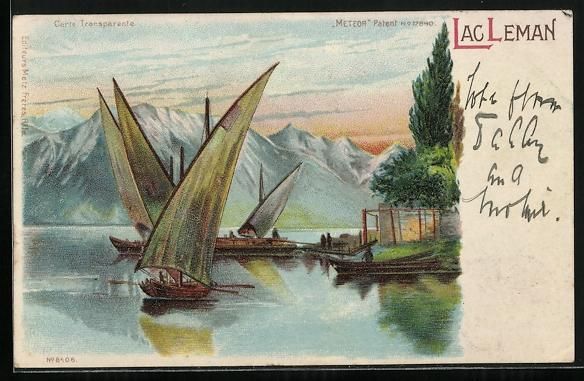 Cartoline postali: Litho Lac Leman, Segelboote vor Bergpano – Usato da Berlin venduto da bartko-reher