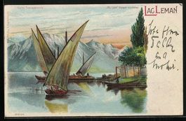 Litho Lac Leman, Segelboote vor Bergpano