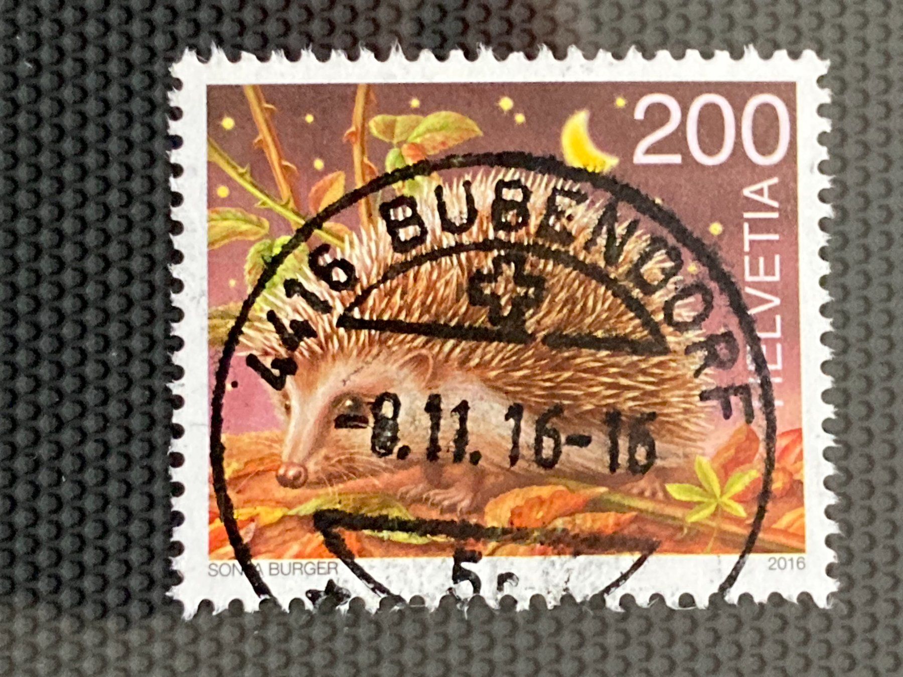 Tutti i francobolli: Schweiz 2016 Igel 2 Fr. Vollstempel BUBENDORF 8.11.16 – Usato da Winterthur venduto da schnueps
