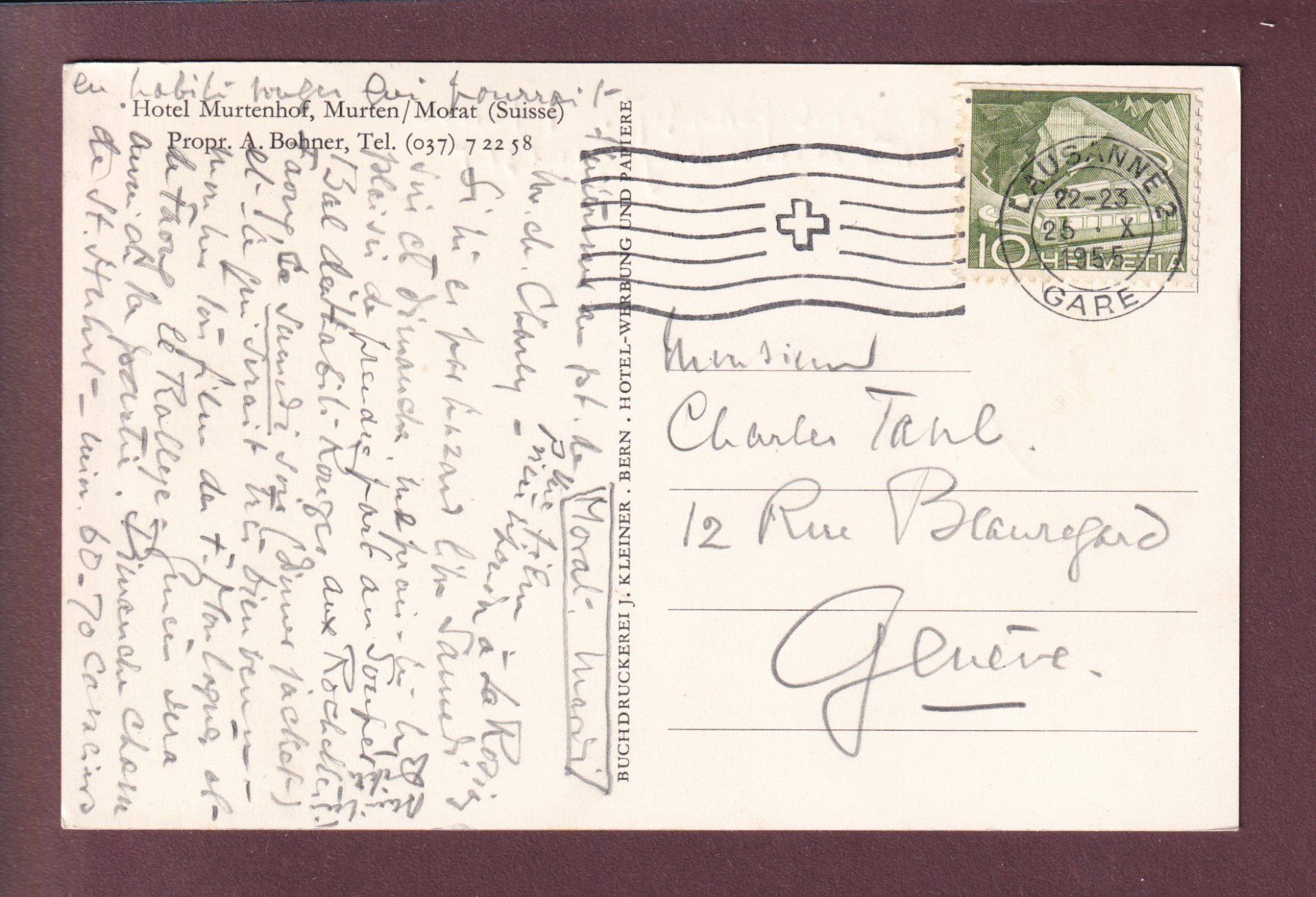 Ansichtskarten: MORAT / MURTEN - Hotel Murtenhof - 1955 – Gebraucht aus Pully von nicecards 1