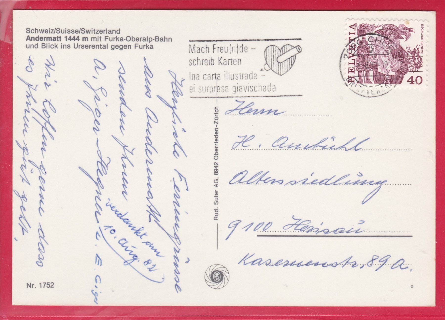 Cartoline postali: ANDERMATT MIT FURKA-OBERALP-BAHN, 6.8.1982 – Usato da Oberrieden venduto da Gebirgsstelze 1