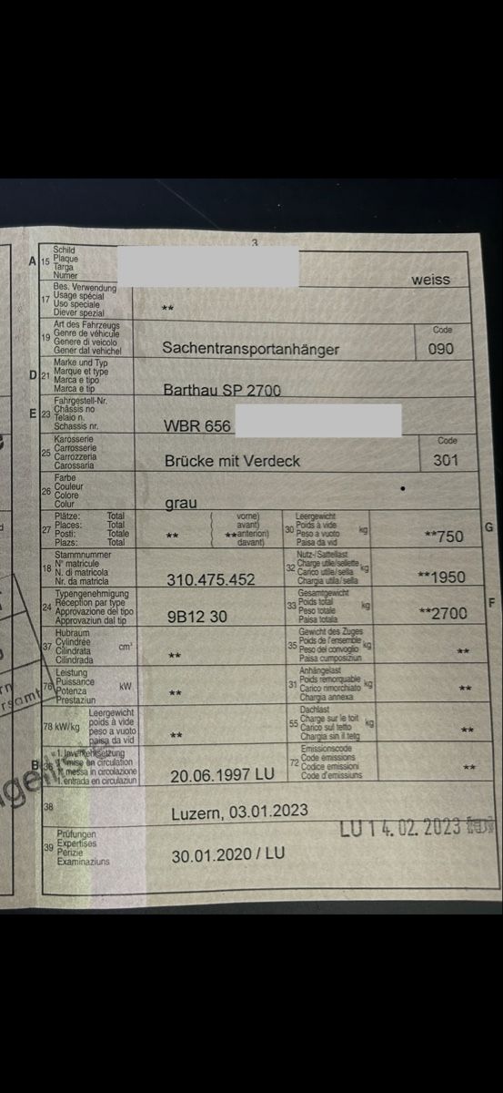 Barthau Rimorchi: Barthau SP2700 Anhänger – Difettoso da Rickenbach LU venduto da Michel164 9