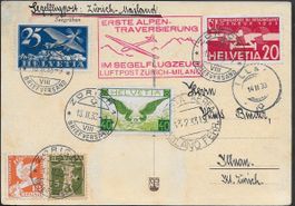 1933 Karte Segelluftpost ZH - Milano Spitzenfrankatur ab 1.-