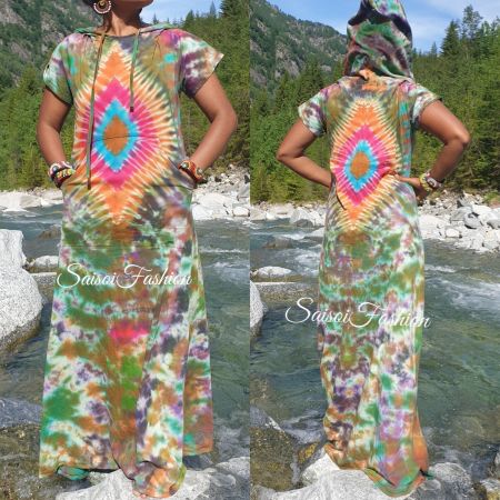 Sommer Batik Hansgefärbt Hippie Boho Hoodie Maxikleid XS-M