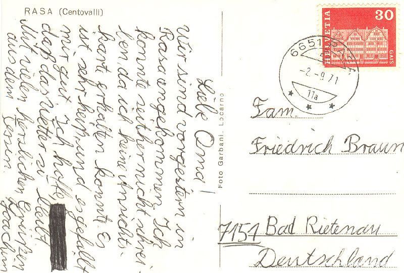 Ansichtskarten: Rasa - Centovalli + 1971 – Gebraucht aus Emmenbrücke von teestube 1
