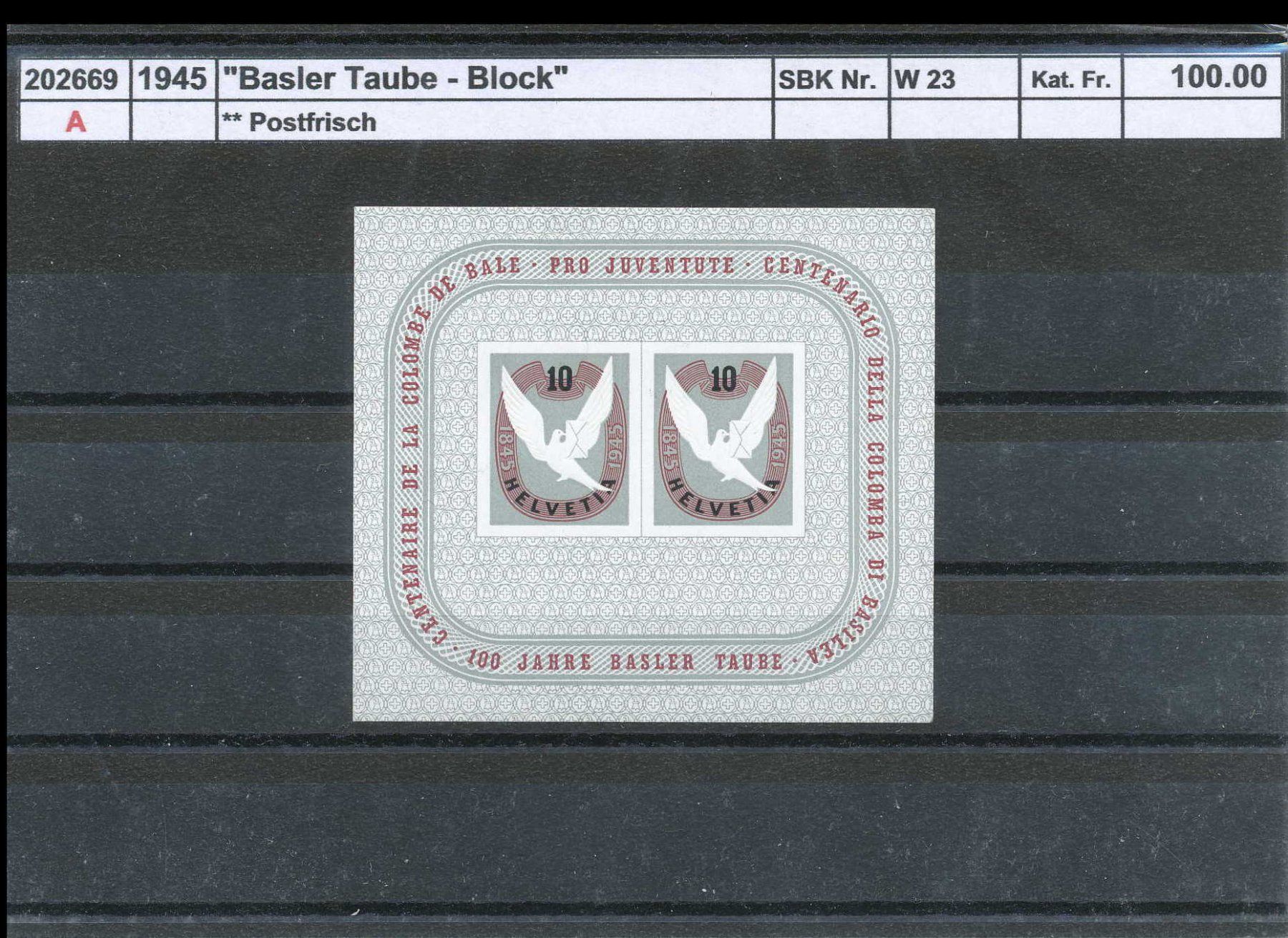 Tutti i francobolli: 1945 "Basler Taube - Block", ** postfrisch – Nuovo (secondo la descrizione) da Winterthur venduto da Zupogeru