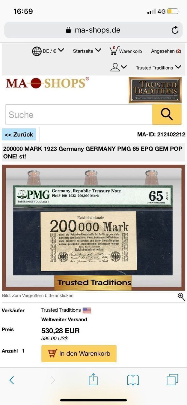 Banknoten: 200000 Mark Reichsbanknote – Gebraucht aus Cham von Chramschopf 1