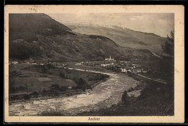 AK Andeer, Ortsansicht mit Fluss und Kirche