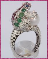 ♛ Einzigartiger Perlen, Rubin, Smaragd Frosch Ring 925Silber