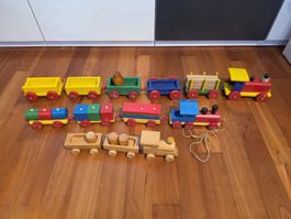 Vintage Holzeisenbahnen Set (3 Züge) – Klassiker, Holz
