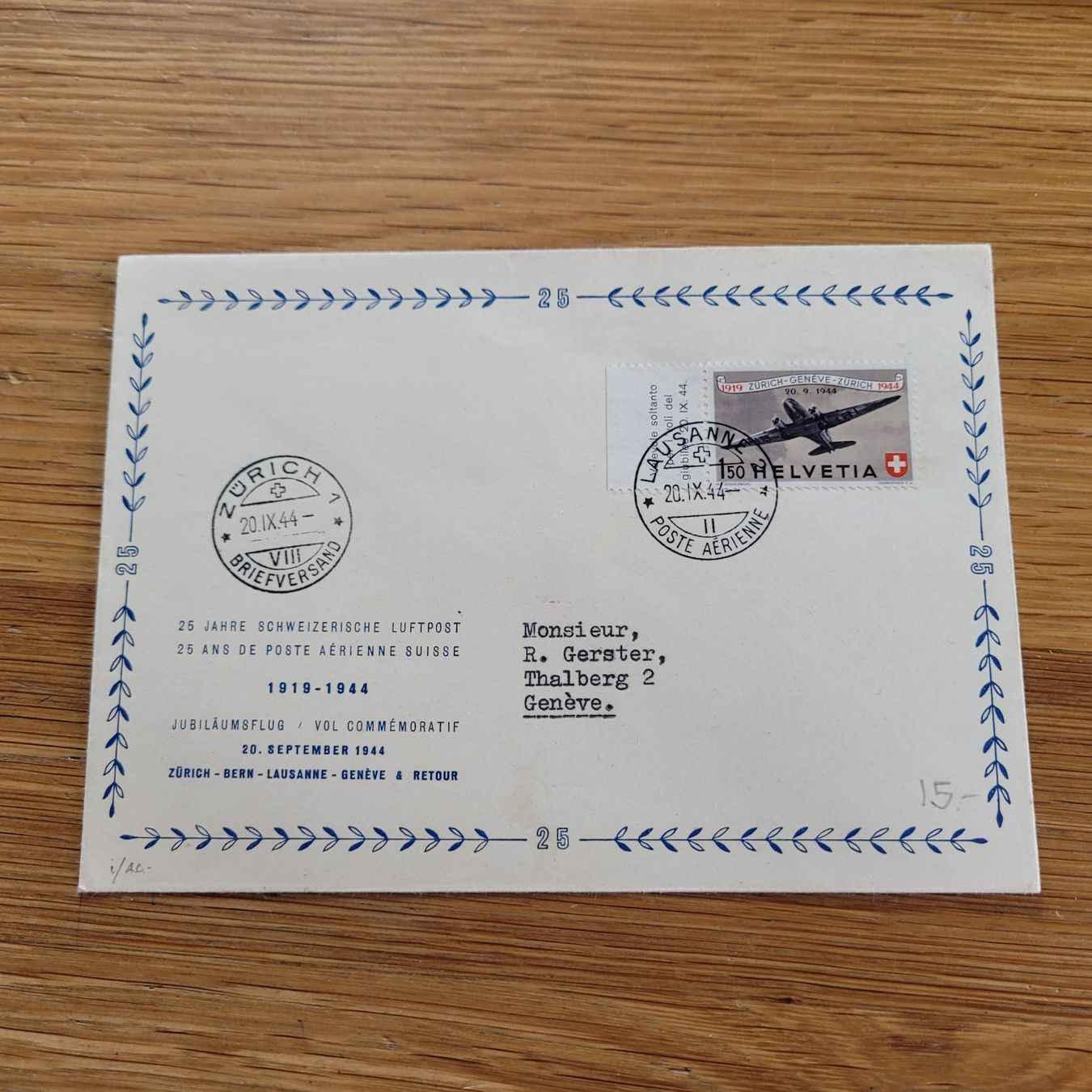 Alle Briefmarken: Luftpost Lausanne - Zürich 1944 – Gebraucht aus Biel/Bienne von Destockweb