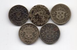 (2523) 5 x 10 Rappen, 1850+51+71+73+76, orig. ss