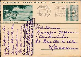 1932: Ganzsache Lausanne-Plage, Bildpostkarte Werbestempel.