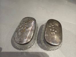 Antike Schmuckdosen, Glas mit Silberdeckel, Rosenmotiv