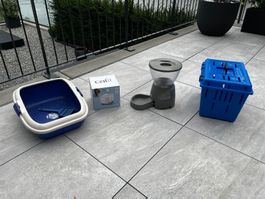 Katzen Zubehör Set Trinkbrunnen, Futterautomat, Katzenklo