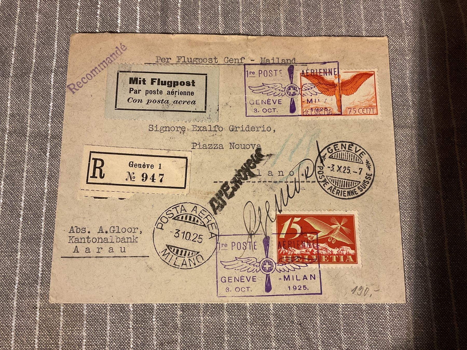 Alle Briefmarken: SF 25.8 Flug Genf - Mailand mit diversen Stempeln – Gebraucht aus Rheinfelden von ricci62