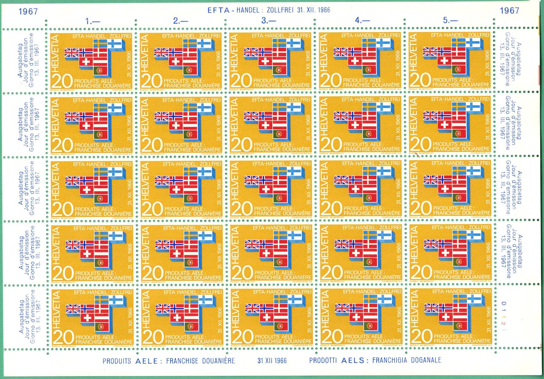 Tutti i francobolli: Bogen  1966  SM   EFTA Handel   postfrisch Bogen No. D 1 – Nuovo (secondo la descrizione) da Mellingen venduto da Ginger