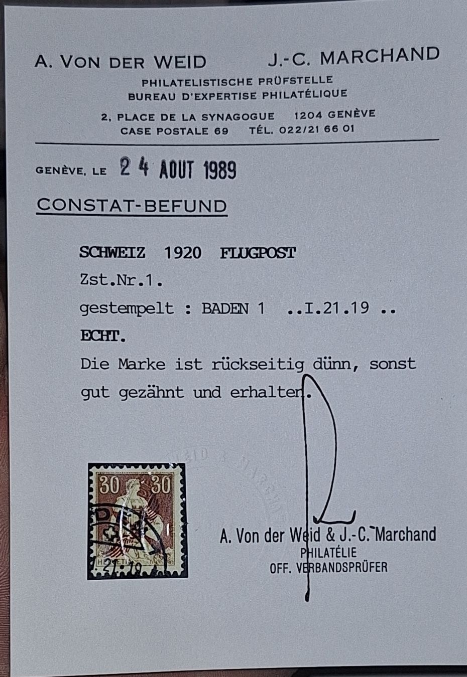 Tutti i francobolli: Flugpost F1 Baden Mit Attest Kat. 2000.- – Usato da Balgach venduto da SIMEON27 2
