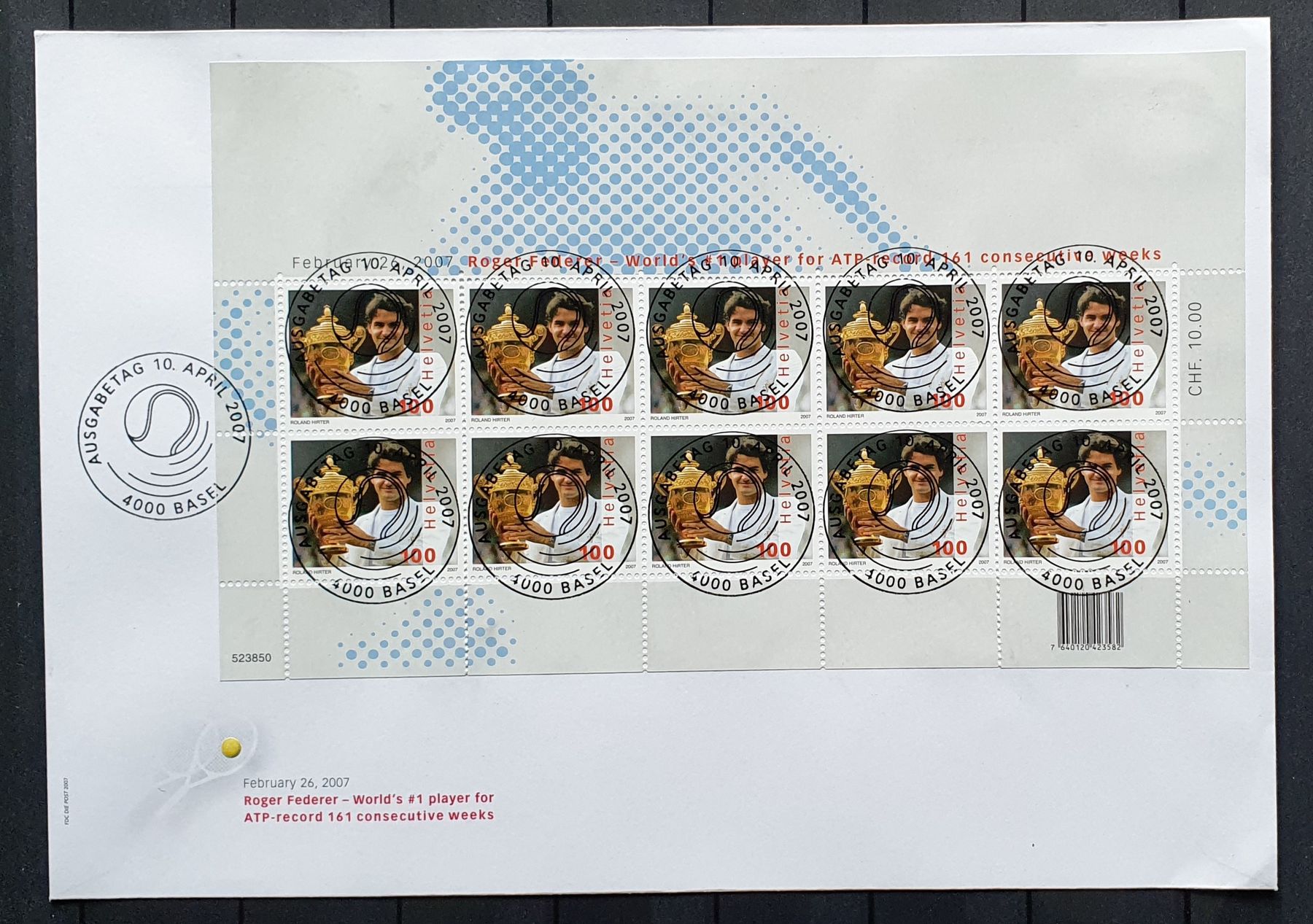 Tutti i francobolli: Roger Federer Kleinbogen ET-VOLLSTEMPEL FDC, TOP – Usato da Kreuzlingen venduto da Rschweiz1