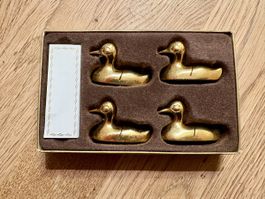 4 Stk. Tischkartenhalter Enten, echt vergoldet, Vintage
