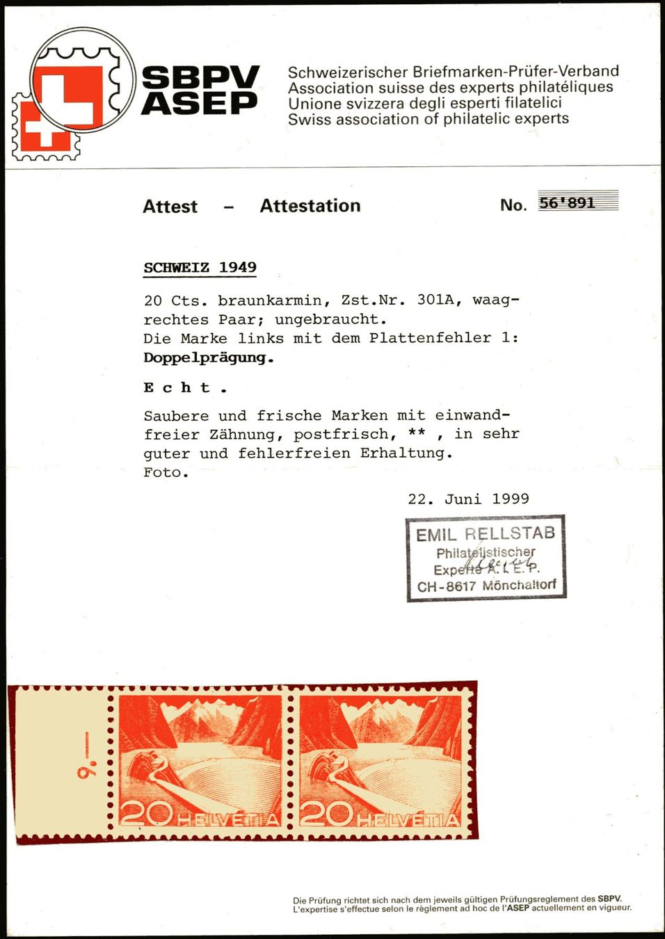 Tutti i francobolli: 1949 - Technik + Landschaft - 20Rp. Grimsel Stausee - Abart – Nuovo (secondo la descrizione) da Schindellegi venduto da leecollect 2