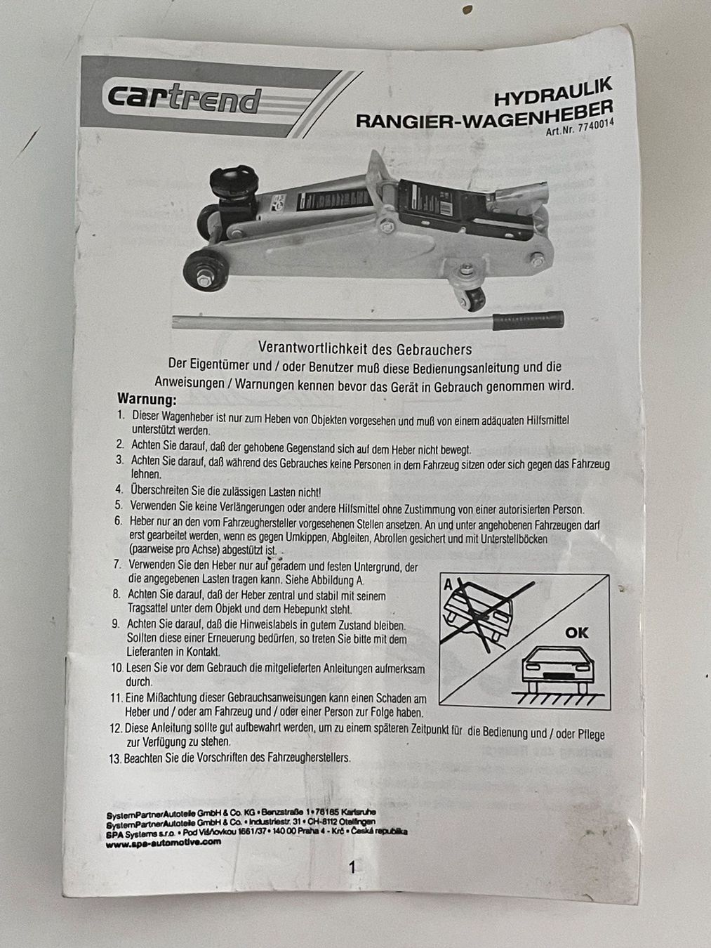 Piattaforme elevatrici & Crick: Hydraulischer Wagenheber Cartrend – Usato da Zürich venduto da plumita 3